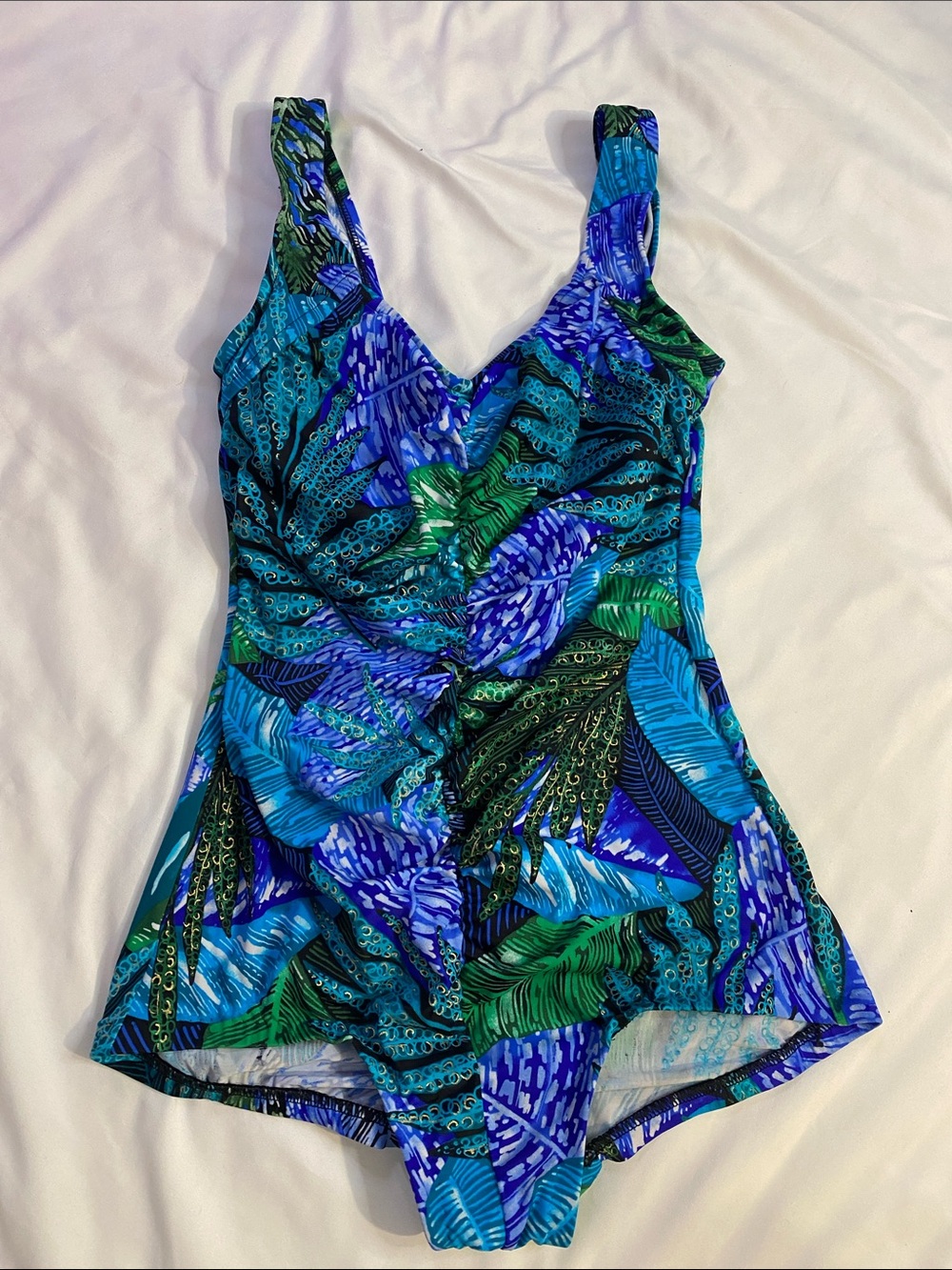 Vintage Maxine of Hollywood Blue & Green Leaf-Print One-Piece Swimsuit
